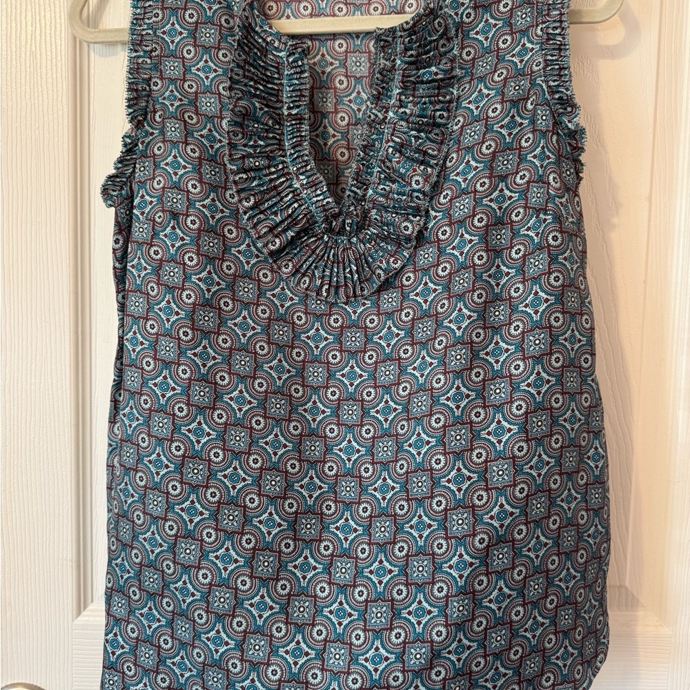 J. Crew 100% silk Blue and Brown Geometric Ruffle-Trim Sleeveless Top